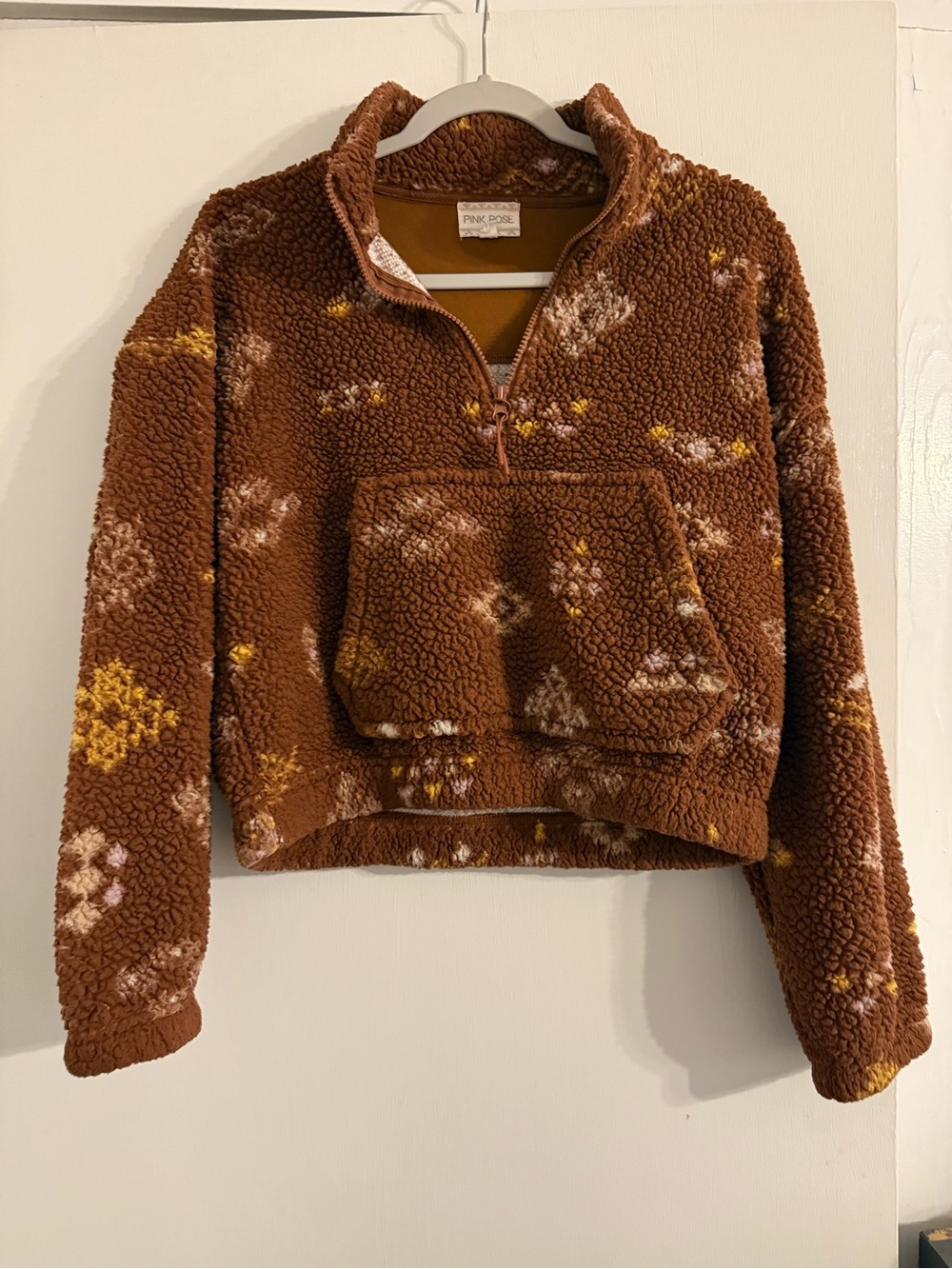 Pink Rose Brown Sherpa Quarter-Zip Pullover Sweater